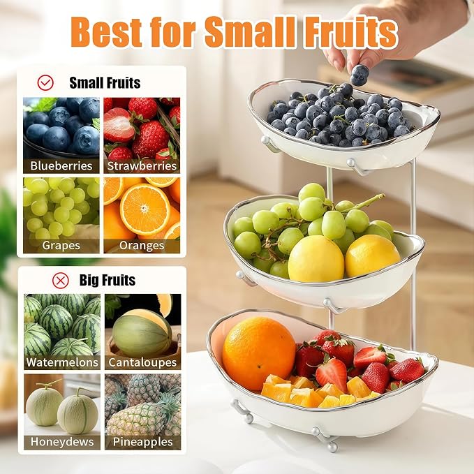 Ceramic Fruit Bowl for Kitchen Counter - 3 Tier Fruit Basket with Metal Stand, Tiered Fruit Stand for Countertop, Snack, Nuts, Cake, Dessert, Cute (Silver-rimmed, Small) S1 - Image 4