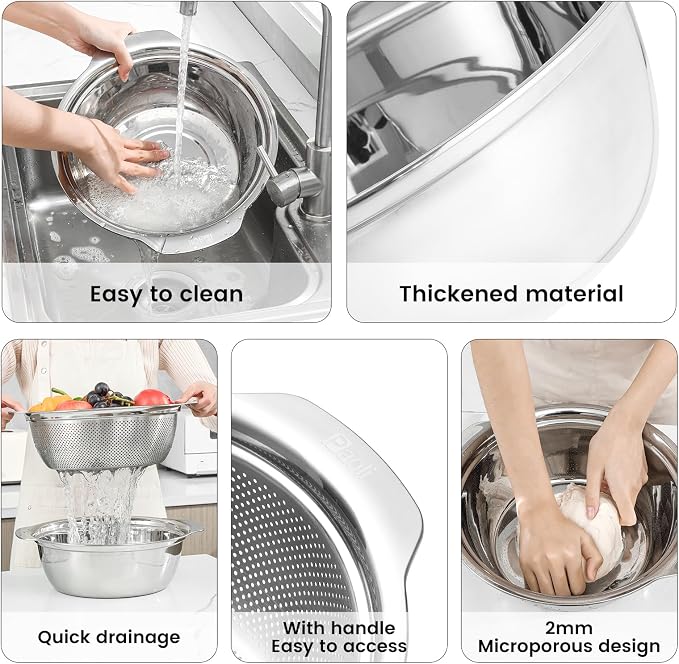 Paoli 304 Stainless Steel Fine Mesh Colander Set, 3.5QT Large Capacity Strainer with Mixing Bowl — Rinse Fruits, Veggies, Rice & Drain Pasta, Dishwasher Safe (2-Piece Gold) - Image 4