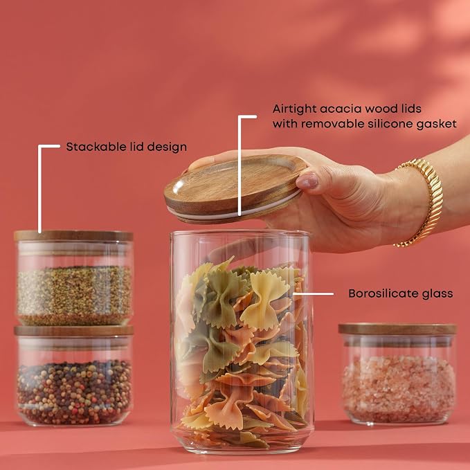 JoyJolt Holden 7-Piece Stackable Glass Storage Containers with Lids, Airtight Food Canister Set with Acacia Wood Lids, Round Stacking Pantry and Kitchen Containers for Pasta, Flour, Sugar, Coffee - Image 4