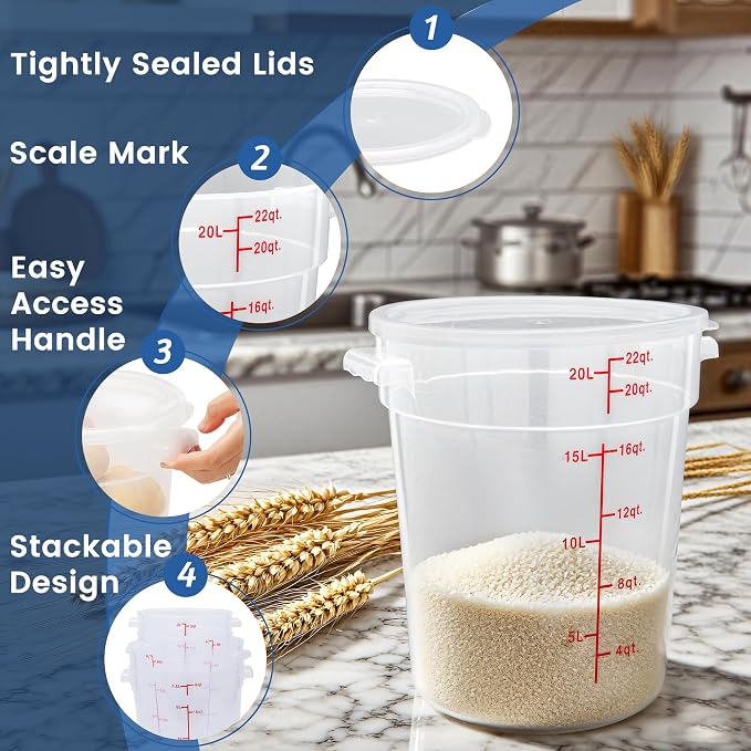 4 Pack 22QT Round Food Storage Containers with Lids | NSF, BPA-free PP containers with scale, label and measuring cup, stackable for prep, storage, freezer. Dishwasher safe - Image 5