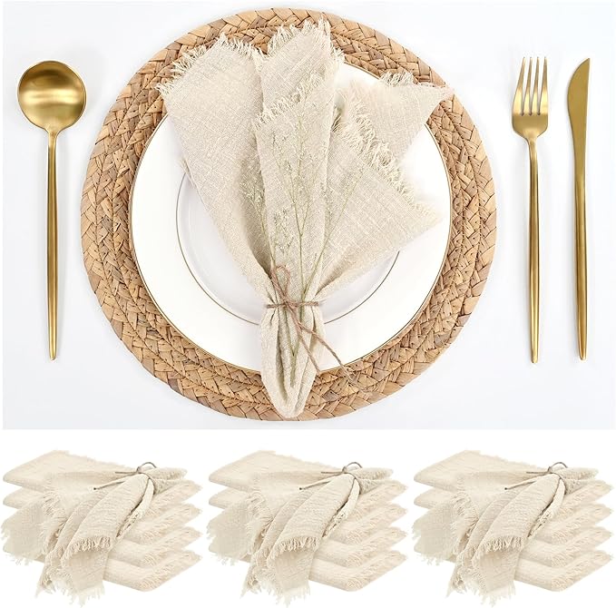 12 Pack Cotton Linen Napkins 16 x 16 Inch Linen Napkins Cloth Handmade with Fringe Soft Cloth Napkins Washable Rustic Dinner Napkins Cloth for Wedding Party Dinner Table(Natural) by ABKLESACH