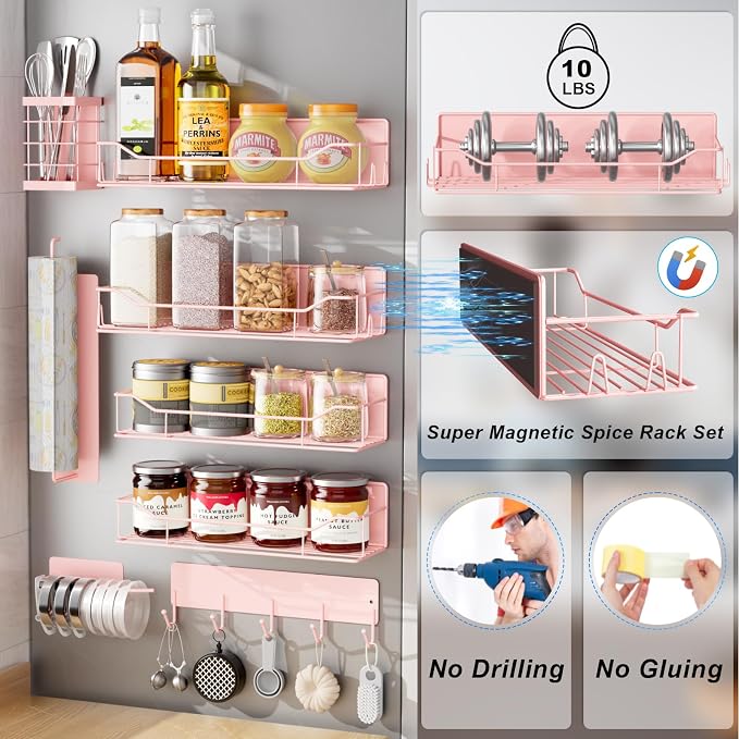 Magnetic Spice Rack for Refrigerator,8 Pack Magnetic Fridge Shelf, Moveable Spice Organizer with Hook Rack, Paper Towel Holder, Utensil Holder,cup lid holder, Super Magnetic Rack Set (Pink) - Image 3