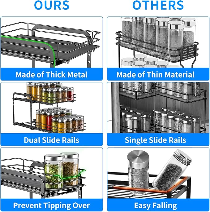 RCHYFEED 2 Tier Pull Out Spice Rack Organizer for Cabinet,9.5" Wx10.5Dx9.5H | Height Adjustable Spicy Shelf Metal Sliding Out Spice Rack Heavy Duty Vertical Spice Shelf for Inside Cabinets & Pantry - Image 6