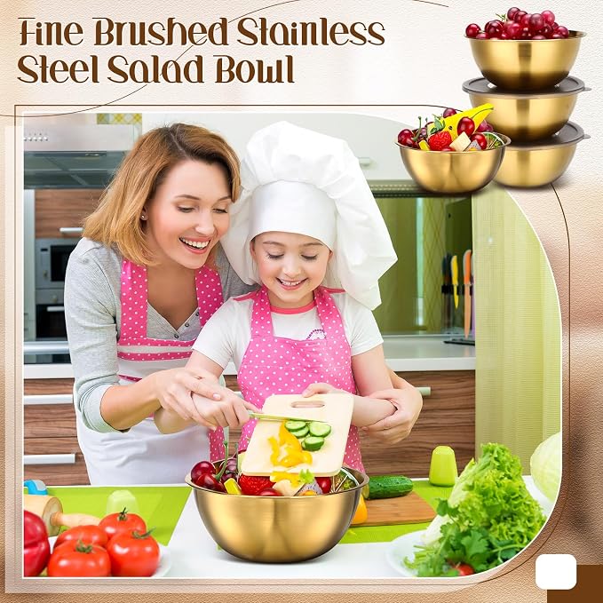 Nuogo 12 Pcs 6.69 Inches Gold Stainless Steel Mixing Bowls with Airtight Lids Stackable Metal Serving Esthetician Facial Bowls for Salad, Fruit, Soup & Kitchen Prep - Image 5