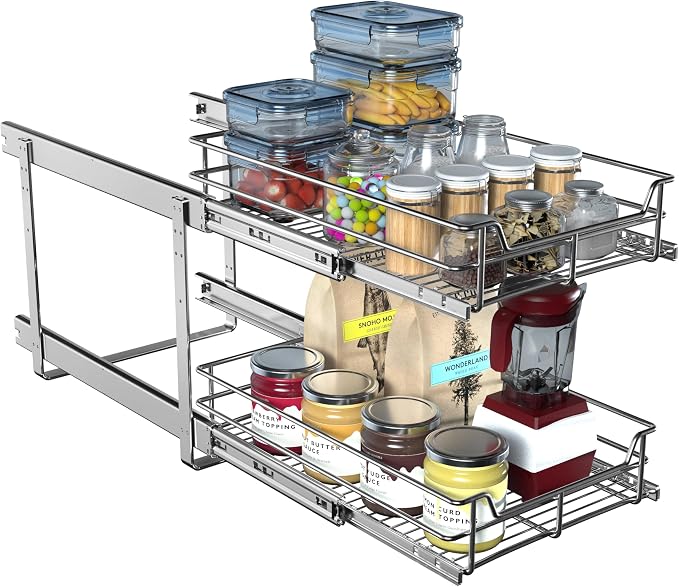 2-Tier Cabinet Pull Out Shelves, 14" W x 22" D, Chrome | Heavy-Gauge Wire Kitchen Cabinet Organizer, 100 lbs Capacity, Ball-Bearing Glides, Min 15" Opening, For Tupperware & Bowls - Image 6