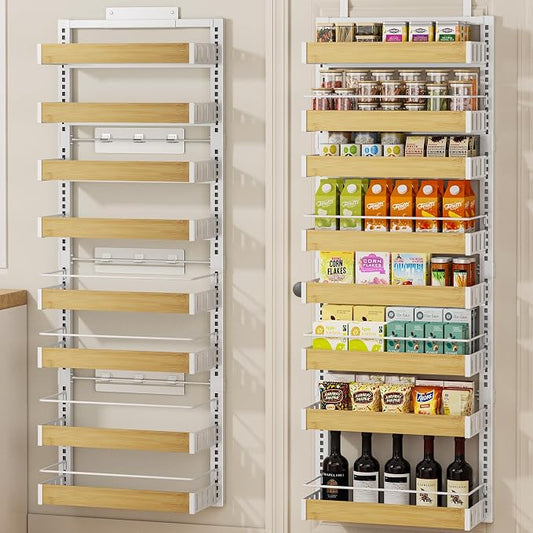 POKIPO 8 Tier Over The Door Pantry Organizer, 2 IN 1 Wall Mount or Hanging Spice Rack Seasoning Shelves with Adjustable Basket, Back of Door Organizer and Storage for Kitchen Cabinet and Room Closet by POKIPO