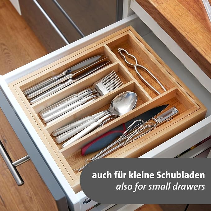Westmark Cutlery Tray - Extendable Drawer Insert for Cutlery and Cooking Utensils, Practical Organiser for Common Drawers, 5 or 7 Compartments - Bamboo, 29-48 cm - Image 4