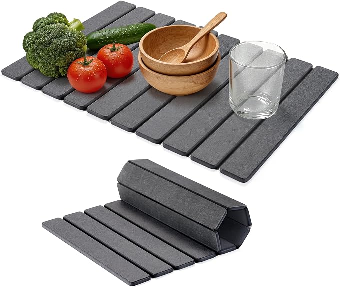 Large Stone Dish Drying Mat for Kitchen Counter – 24"×16" Collapsible Diatomaceous Earth Mat, Ultra Absorbent & Quick Dry, Foldable Drying Pad for Dishes, Bottles, Cups (Dark Grey) by HABUTWAYMakeYourLifeComfortable