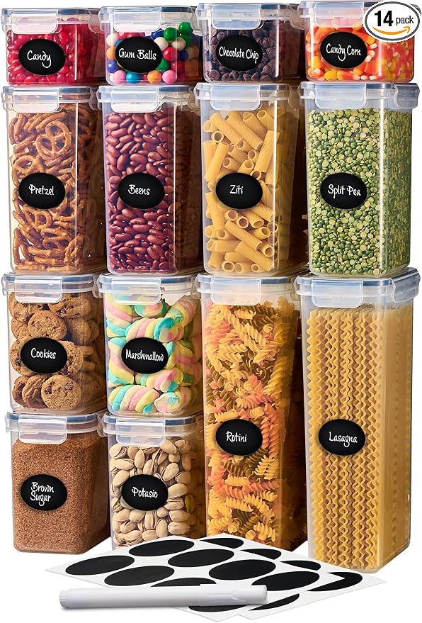 DWËLLZA KITCHEN Set of 14 Airtight Food Storage Containers for Pantry Organization and Storage - Sugar, Flour, Pasta, Spaghetti Plastic Air tight Kitchen Storage Containers With Lids, Labels & Marker by DW%C3%8BLLZAKITCHEN