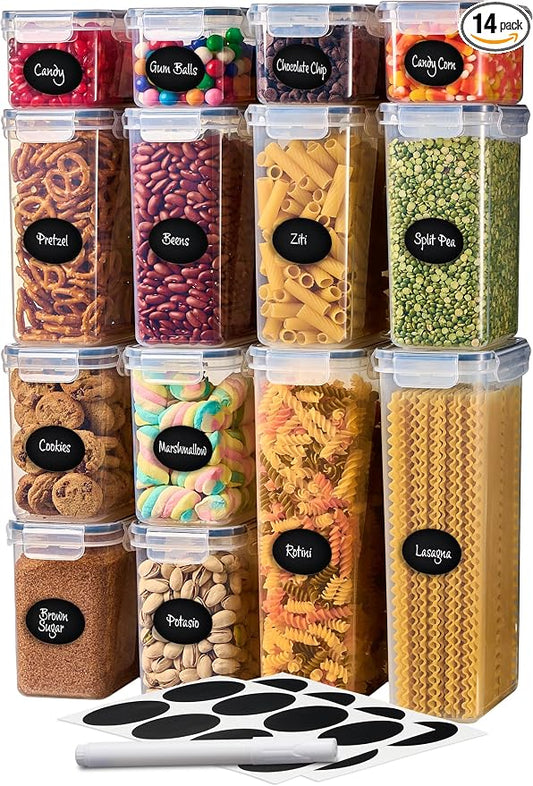 DWËLLZA KITCHEN Set of 14 Airtight Food Storage Containers for Pantry Organization and Storage - Sugar, Flour, Pasta, Spaghetti Plastic Air tight Kitchen Storage Containers With Lids, Labels & Marker by DW%C3%8BLLZAKITCHEN