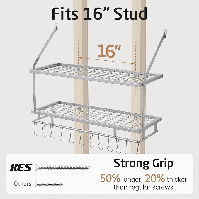 KES 30-Inch Silver Gray Pot Rack Wall Mounted, 100 Lbs Capacity | 2-Tier, Hanging Pot and Pan Organizer with 12 Sturdy Hooks, Kitchen Wall Hanger Shelves Modern, KUR215S75B-SG - Image 7