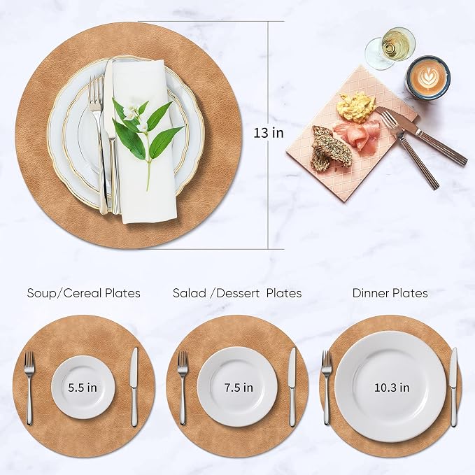 ADRIMER Placemats, Heat Resistant Round Placemats Set of 8 Washable, Waterproof Table Mats, Wipeable Faux Leather Place Mats for Kitchen, Dining Room, Camel - Image 3