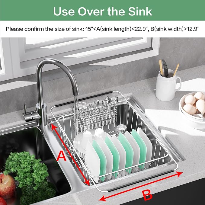 Fanbsy Large Dish Drainer Rack in Sink Adjustable, Expandable 304 Stainless Steel Metal Dish Drying Rack Organizer with Stainless Steel Utensil Holder Over Inside Sink Counter, Rustproof - Image 4