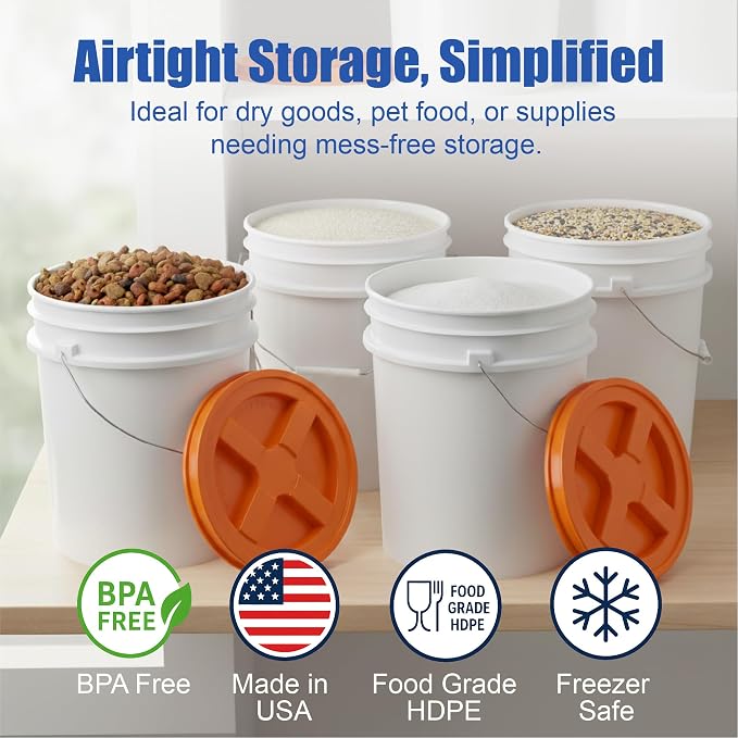 5 Gallon Bucket - Food Grade w/Lid BPA-Free, White/Orange, 6 | Airtight Gamma Seal Screw-On Lid, Heavy-Duty 90 Mil HDPE Plastic, Food Safe and Durable Container, Bulk Storage, Made in USA - Image 2