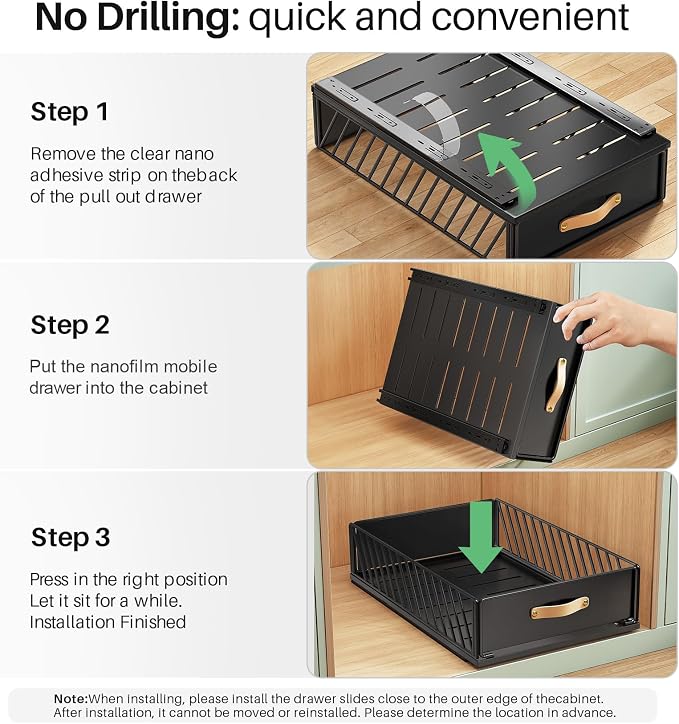 Pull out Cabinet Organizer,Heavy Duty Slide out Pantry Shelves Drawer Storage with Adhesive Nano Film,Sliding Mesh Cabinet Basket with Handle for Kitchen, Bathroom, Home, 15.8"W X 21"D X6.2"H,Black - Image 8