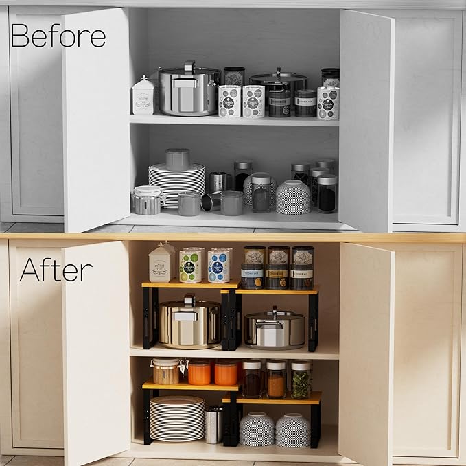 Adjustable Storage Shelves for Kitchen Cabinet Organization - Set of 2 Stackable Metal & Solid Wood Racks, Space-Saving Design for Countertop/Pantry/Garage, Easy Assembly(1 Pack/Medium/Black) - Image 3