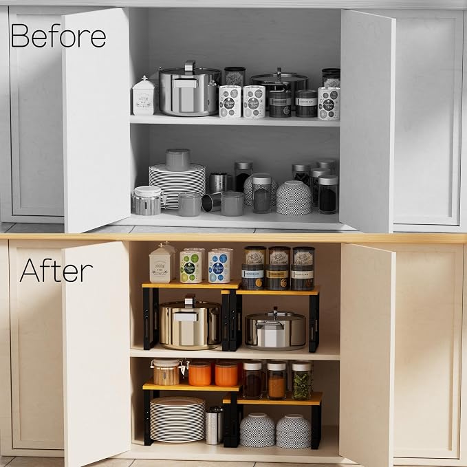 Adjustable Storage Shelves for Kitchen Cabinet Organization - Set of 2 Stackable Metal & Solid Wood Racks, Space-Saving Design for Countertop/Pantry/Garage, Easy Assembly(1 Pack/Large/Black) - Image 4