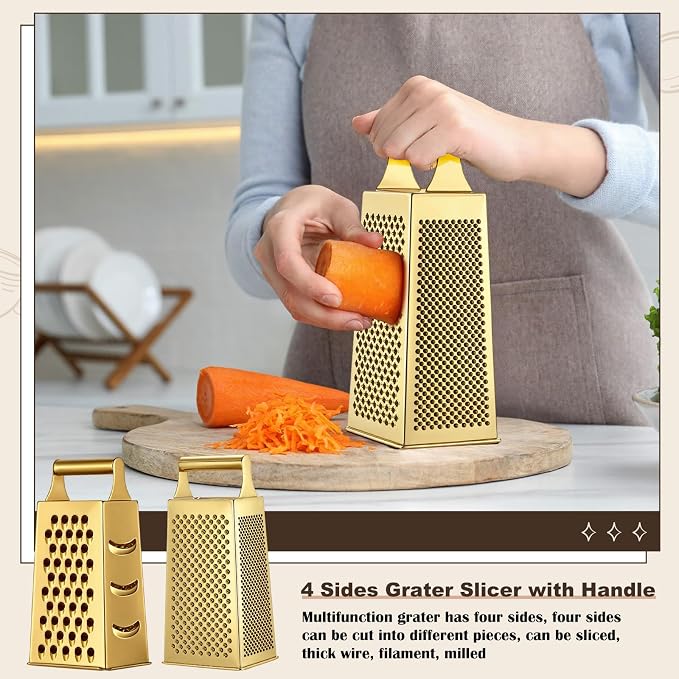 LemonRoad 8 Pcs Gold Kitchen Accessories Set Includes 1.5/2/2.8/3.6 Qt Gold Mixing Bowls with Airtight Lids, 1 Set Stainless Steel Measuring Cups, Grater Slicer with Handle, Egg Beater, Egg Separator - Image 6