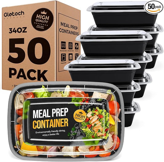 100-Piece (50-Pack) 34 OZ Meal Prep Containers Reusable with Lids, Sturdy Leakproof & Food Safe, Microwave, Freezer, Dishwasher Safe To Go Food Containers, Plastic Take Out Containers, Black by GlotochExpress