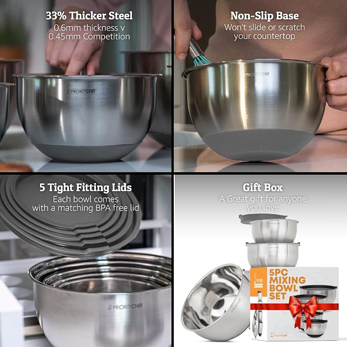 Premium Mixing Bowls With Airtight Lids Set, Thicker Stainless Steel Mixing Bowl Set, Large Prep Metal Bowls with Lids, Nesting Bowls for Kitchen, 1.5/2/3/4/5 Qrt, Grey - Image 2