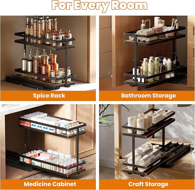 Pull Out Spice Rack 2Pcs Metal & Wood Seasoning Organizer Black | No-Drill Install | Full-Extension Silent Glide | Each Tier Holds 10–12 Standard Spice Bottles | Rustproof, Wipe-Clean Surface - Image 2