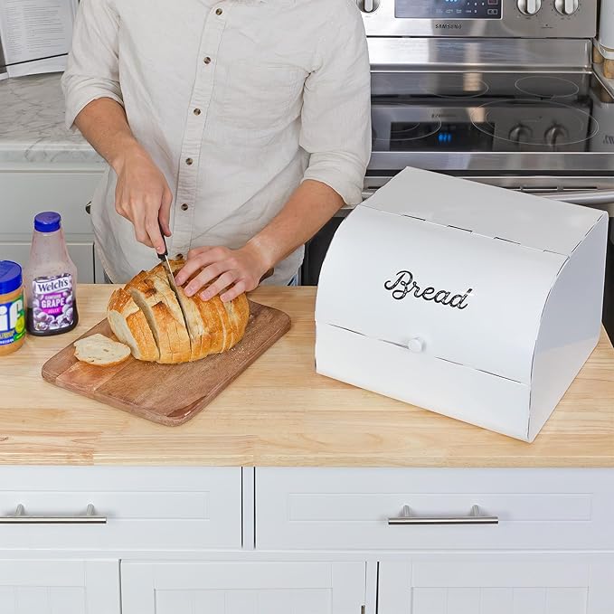 AuldHome Design Large White Bread Box; Farmhouse Enamelware Vintage Style Family Size Countertop Bread Bin - Image 3