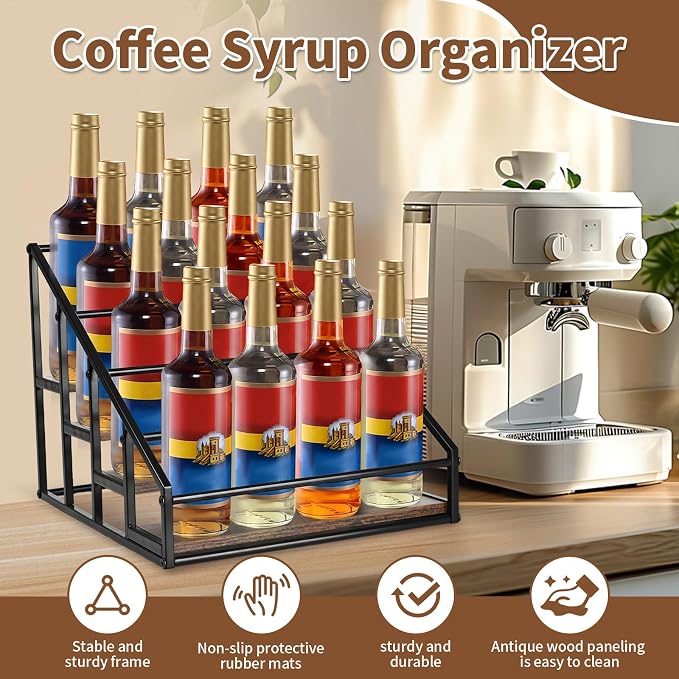 YQBRAO 4-Tier Coffee Syrup Organizer, 16-Bottle Rack, Rustic Brown | Holds up to 16 bottles with stepped visibility; rustic wood and metal design for syrups, kitchens, and home coffee bars. - Image 2