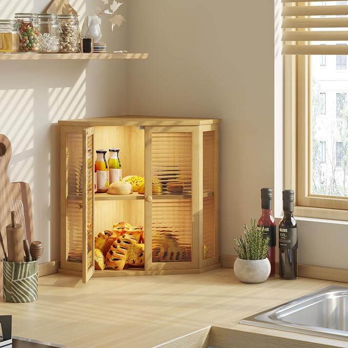 Corner bread box Bread Box for Kitchen Countertop - Corner Bread Storage Box 16.5" H, Premium Wood with Glass Door, Perfect for Homemade Bread, Baguettes & Pastries (Baoboo wood) - Image 3