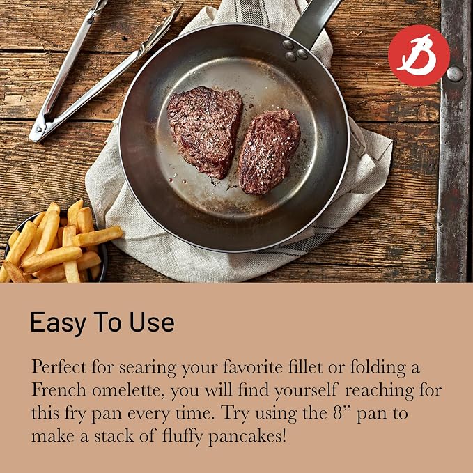de Buyer MINERAL B Carbon Steel Fry Pan - 8” Diameter, 5.5” Cooking Surface - Ideal for Searing, Sauteing & Reheating - Naturally Non-Stick Finish - Made in France - Image 5