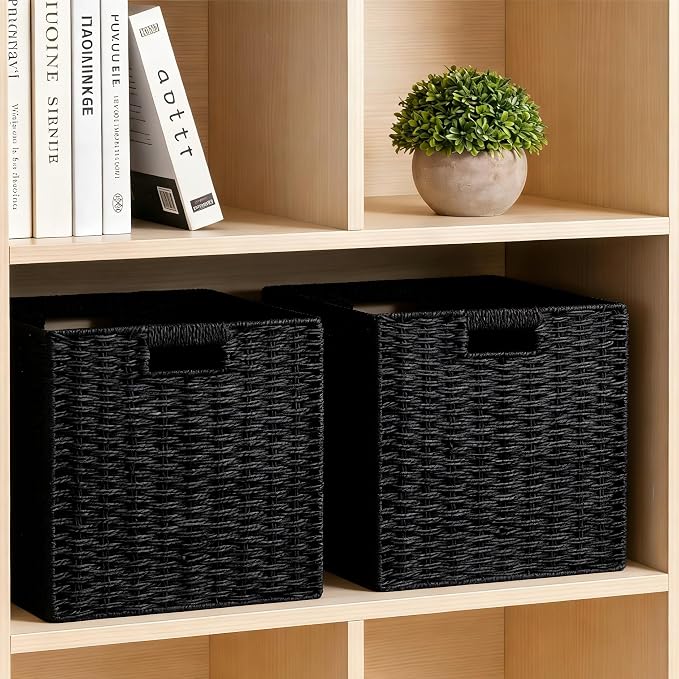 UBBCARE 3 Pack Wicker Basket, 11L×11H×10.5W inch Woven Paper Rope Storage Baskets for Shelves, Foldable Cube Storage bin with Handle, Storage Basket for Organizing & Decor, Black - Image 4