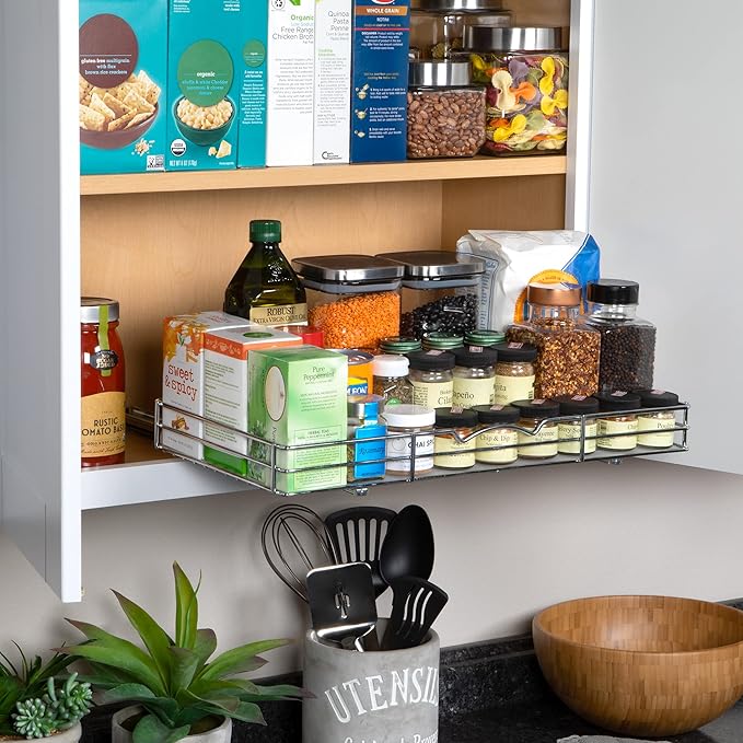 Pull-Out Cabinet Spice Rack Organizer, 20 ⅜"W x 10 ⅜"D x 2 ¾"H | Slim Slide-Out Storage for Spices, Bottles & Jars, Premium Heavy-Duty Steel, Easy Install for Narrow Kitchen Cabinets, Chrome - Image 4