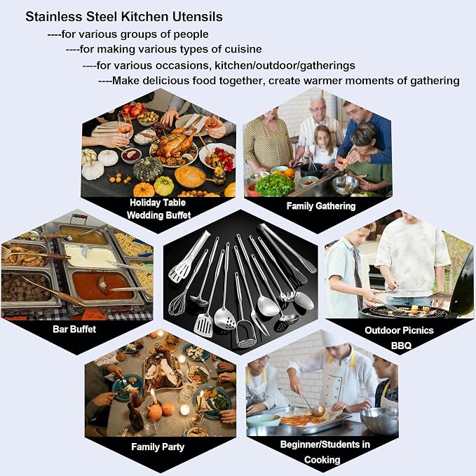 Stainless Steel Kitchen Utensils 12 Pcs, Small Cooking Utensils Set | Dishwasher safe; 304-Healthy; One piece-sturdy; Fits for person new to cooking; Perfect for a B&B or rental or camper - Image 4