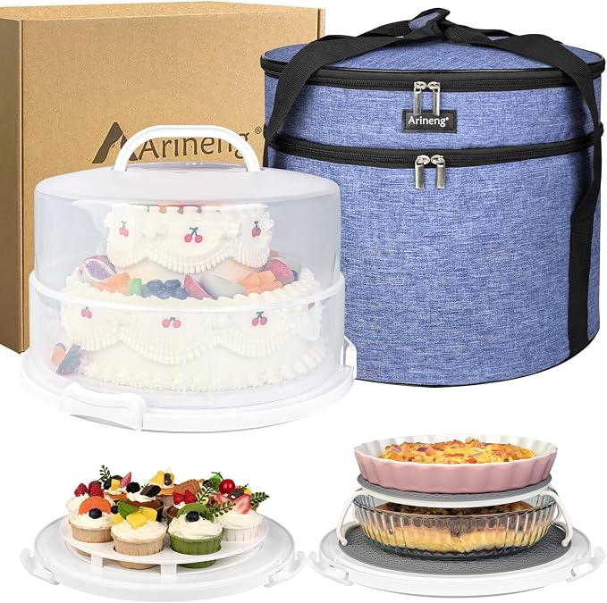 12 Inch Cake Carrier with Lid & Handle BPA-Free Cake Transport Container, Includes Insulated Bag, Cupcake & Pie Holders for Secure Dessert Delivery (Fits 7" Tall Cakes) (Purple) by Arineng