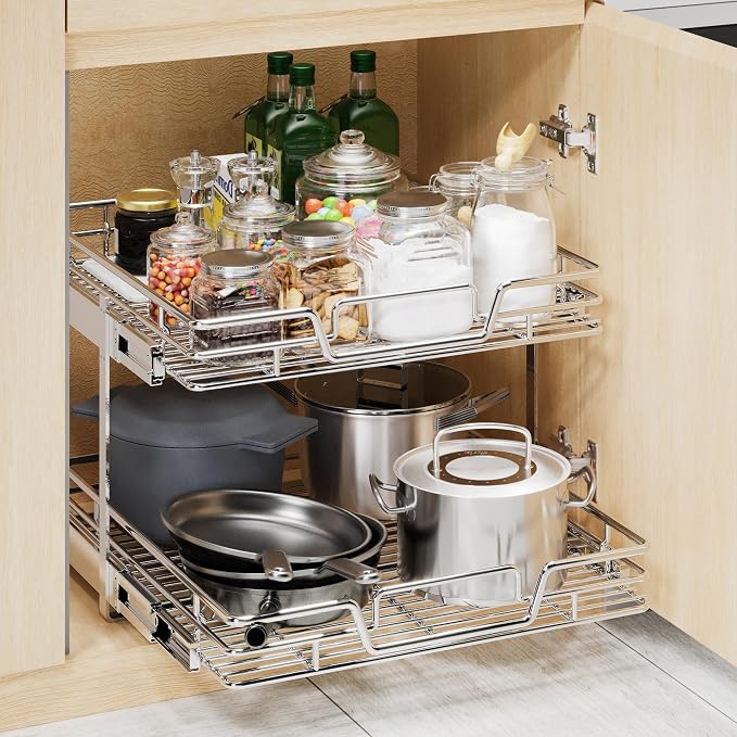 2-Tier Kitchen Cabinet Pull Out Shelf and Drawer Organizer Slide Out Pantry Storaqe Basket in Multiple Sizes (20" Wx 21" D,) - Image 4