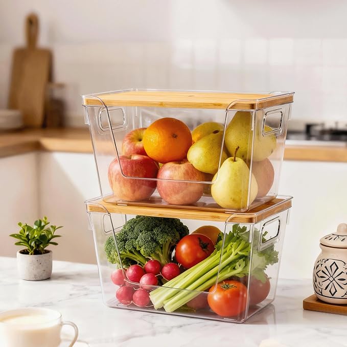 2 Set Pantry Organizers and Storage with Bamboo Lids, Stackable Clear Bins for Onion, Potato, Fruit, Vegetables, Trash Bag Dispenser, Kitchen and Under Sink Organizer - Image 3