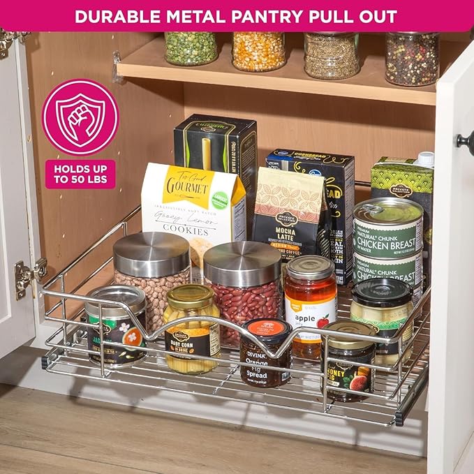 HOLDN’ STORAGE Pull Out Cabinet Organizer, Pantry Drawer, 20"W x 21"D x 5"H | Heavy-Duty Full-Extension, Roll Out Shelf for Pots, Pans & Under Sink Storage, Chrome, Require a 21.25"W Cabinet Opening - Image 5