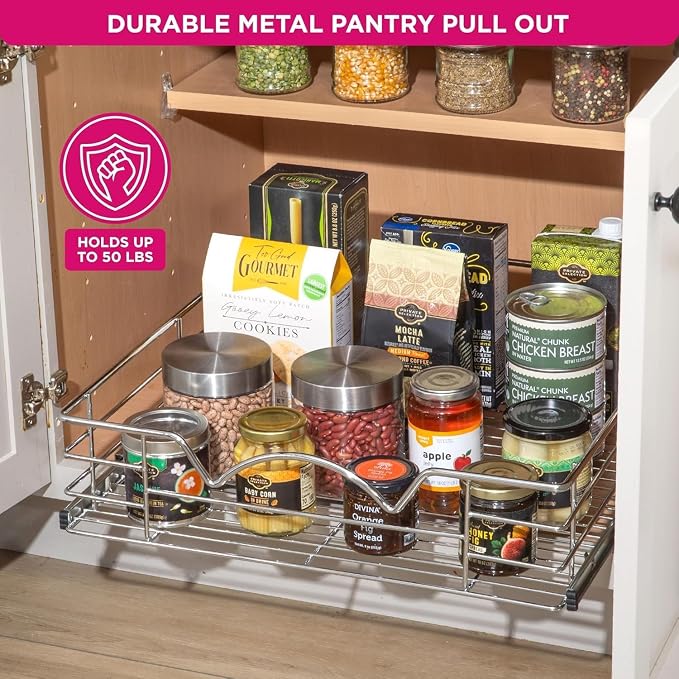 HOLDN’ STORAGE Pull Out Cabinet Organizer, Pantry Drawer, 14"W x 21"D x 5"H | Heavy-Duty Full-Extension, Roll Out Shelf for Pots, Pans & Under Sink Storage, Chrome, Require a 15.25"W Cabinet Opening - Image 5