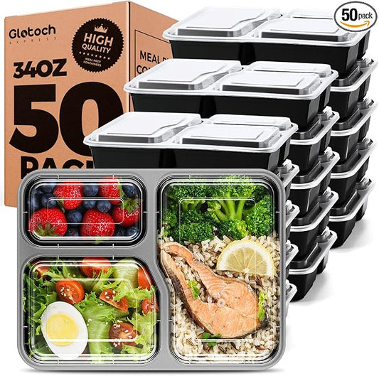Glotoch 3-Compartment Meal Prep Containers with Lids, 34 oz, 50 Pack | Reusable BPA-Free To Go Food Containers, Leakproof and Durable, Microwave, Freezer and Dishwasher Safe, for Entrees, Sides by GlotochExpress