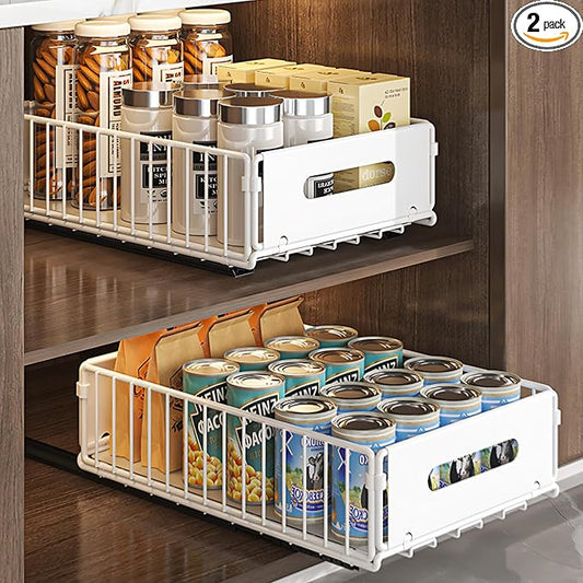 2 Pack Pull Out Cabinet Organizer, Heavy Duty Slide Out Drawer with No Drill Adhesive or Screw Mount, Carbon Steel Roll Out Shelf for Kitchen Cabinet, Pantry & Bathroom Storage by NECHEGI