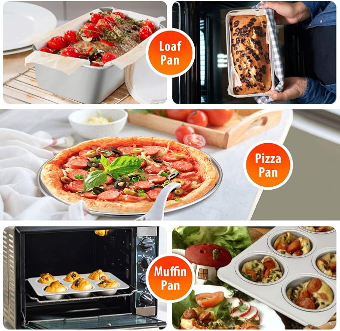 TeamFar Stainless Steel Bakeware Set of 8 | Baking Sheet and Rack, Lasagna Pan with Lid, Square & Round Cake Pan with Lid, Muffin Pan & Loaf Pan, Pizza Pan, Healthy - Image 6
