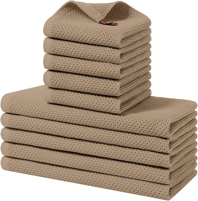 Homaxy 10 Pack 100% Cotton Kitchen Towels and Dishcloths Set, Tan | 12 x 12 Inches and 13 x 28 Inches Kitchen Towels Set, Ultra Soft Absorbent Dish Cloths for Washing Dishes by Homaxy