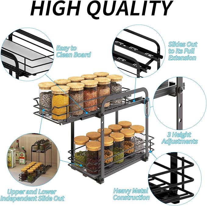 BOIVSHI Spice Rack Organizer for Cabinet, 2 Tier Pull Out Spice Organizer for Cabinet Height Adjustable Heavy Duty Metal Basket for Inside Cabinets & Pantry Closet (5.5''Wx10.5''Dx9.5''H) - Image 5