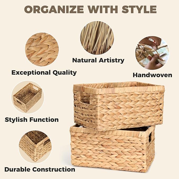 Set of 2 Wicker Shelf Storage Baskets for Organizing - Natural Durable Water Hyacinth Woven Basket Pantry Bin Organizers for Shelves with Handles for Home & Decor Organization, 12.5” x 8” x 6.5” - Image 4