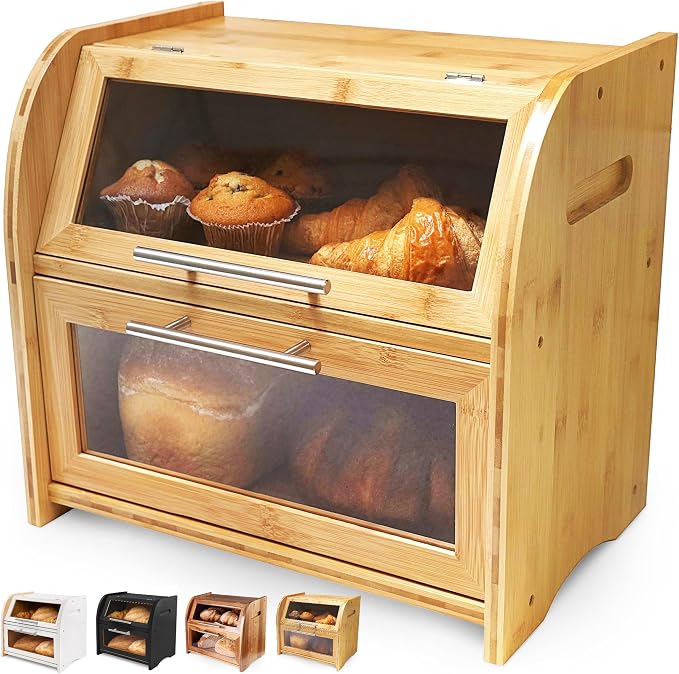 Arise Bamboo Wooden Bread Box for Kitchen Countertop, Extra Large 2-Shelf | Bread Storage Container with Clear Windows & Air Vents, Bread Bin & Keeper, Keeps Bagels, Rolls & Buns Fresh, Self Assembly by ApaceLiving