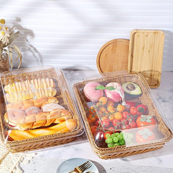 Mumufy 2 Pack Wicker Large Bread Basket with Acrylic Lid Housewarming Gift Woven Rectangular Imitation Rattan Fruit Basket with Cover for Serving Food Display Tabletop Home Kitchen(15.75x11.81'') - Image 5