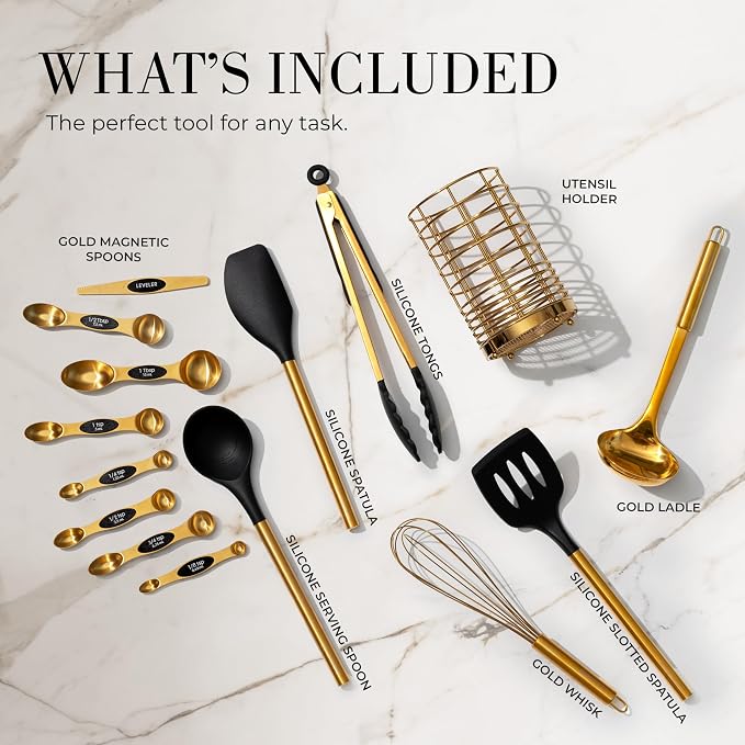 Styled Settings Black and Gold Kitchen Utensils Set, 15-Piece | Nonstick BPA-Free Silicone Coooking Utensils, Gold Utensil Holder, & Magnetic Measuring Spoons - Stylish Kitchen Accessories - Image 2