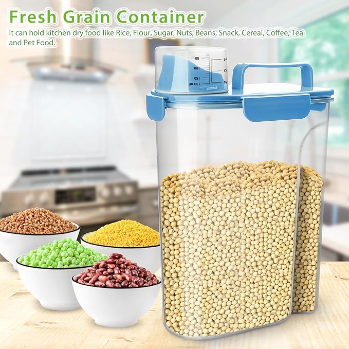 Viretec Rice Storage Container, 5 to 10lb Dry Food Airtight Dispenser, Pet Dog Cat Food Canister, BPA Free Clear Plastic Kitchen and Pantry Bin for Oatmeal, Cereal, Pasta, Flour Pack of 2 Blue - Image 7