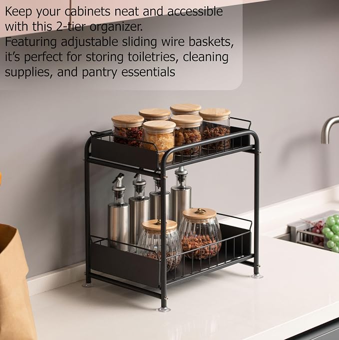 Under Sink Organizer Sliding Wire Baskets Adjustable 2-Tier Metal Storage Rack for Bathroom Kitchen or Utility Cabinets Pull-Out Shelf for Cleaning Supplies & Pantry Essentials, Set of 2 - Image 6