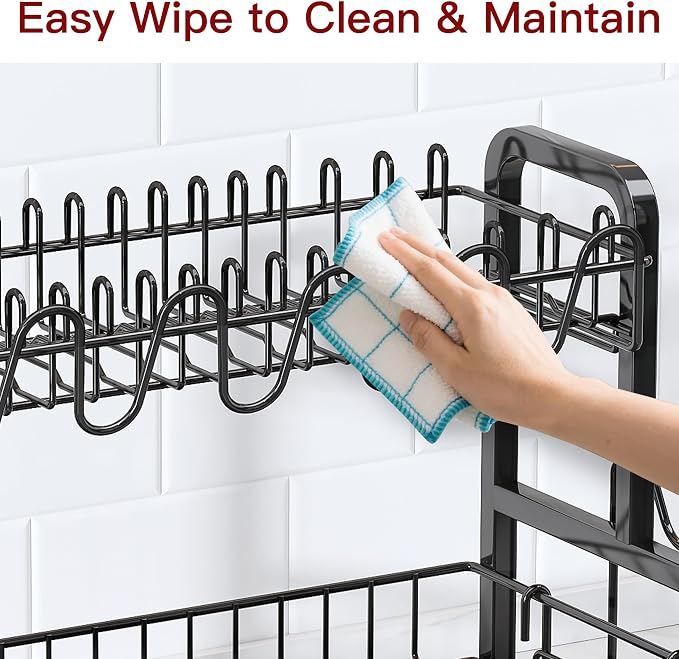 2 Tier Black Stainless Steel Dish Drying Rack for Kitchen Counter | Large Capacity Dish Drainer with Drainboard, Cup & Utensil Holder, Space Saving Rustproof Metal Plate Rack, Fast Drain - Image 7