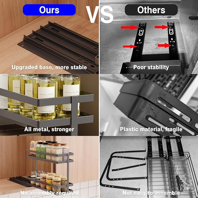 Mustorn Pull Out Spice Rack Organizer for Cabinet, 2 Tier Metal Slide Out Seasoning Organizer and Storage Heavy Duty Vertical Spice Rack Shelf Pullout for Kitchen Cabinets No Drilling(1 Pack, Black) - Image 5